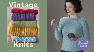 Cover of Vintage Knits publication and a woman wearing a blue jumper holding a ball of wool