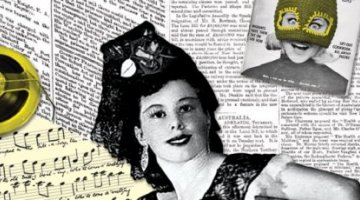 Collage featuring magazine cover, sheet music, photograph of a woman and typeface 