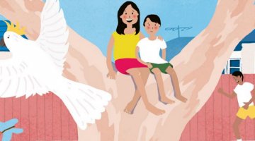An illustration of two children sitting in a tree, with a cockatoo flying past and a person on a sidewalk in the background