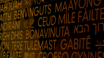 Words in different languages in yellow text on a black background