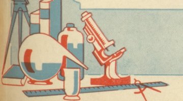 Red, blue and white pencil illustration depicting science equipment and some books