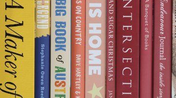 Book spines of different colours lined up in a row running horizontally
