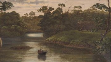 An 1800s style painting showing a small boat on a river, with a tree burial on the right river bank. There is a lot of vegetation on the river banks in the backgrounds.