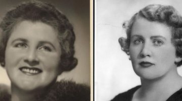 Two portrait photographs side by side. The one on the left is a sepia toned image of a woman with a 1950s hairstyle and a fur around her neck The one on the right is a black and white image of a woman with a 1950 hairstyle wearing a dark velvet-looking dress.