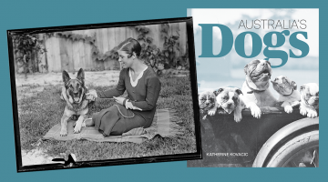Two images on a teal background. On the left a black and white photo of a lady sitting on a picnic rug with her German Shepherd. On the right is an image of the book cover for Australia's Dogs.