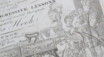 Closeup of a musical text book's title page featuring performers in 18th-century dress. Not straight.