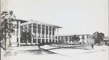 Sketch of three large buildings with columns with a few nearby trees