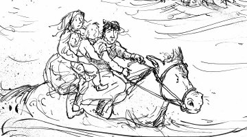 An illustration from 'Amazing Grace and the Sinking Ship' of four people riding a horse through waves away from a sinking ship.