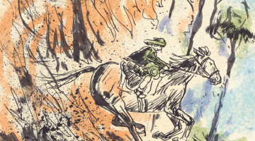 Sketch of boy riding a horse through a forrest fire, with black ink and messy colouring 