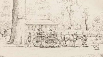 Sketch of people in a carriage being pulled by two horses stopped in front of a post office surrounded by trees. A man stands in front of the horses offering them water in a bucket, and a man stands behind the carriage offering water to the people sitting in it