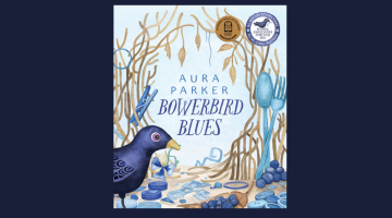 Book cover with Blue bird with a blue flower in it's beak, standing near other blue objects, including a fork, spoon, bottle lids and more