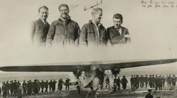 Composite photograph with portraits of James Warner, Charles Ulm, Charles Kingsford Smith and Harry Lyon, superimposed over image of the Southern Cross Fokker monoplane surrounded by crowd of people