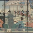 A Japanese print depicting some scenes where Western, Japanese and Chinese people interacting at a trading house for foreigners in foreign settlement quarters in Yokohama; some foreigners in another room at the back seem to eat together at a table and converse.