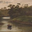 An 1800s style painting showing a small boat on a river, with a tree burial on the right river bank. There is a lot of vegetation on the river banks in the backgrounds.