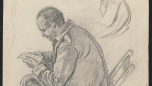 A charcoal on paper sketch of a middle-aged man seated on a deckchair. He is reading a note. in the top right corner is a crude practice sketch of the main subject