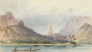 A colourful watercolour showing the mountainous coastline of Tahiti. The mountains are shades of grey, blue and purple. The sky has billowing clouds.The shore is dotted with vegetation. In the foreground, two figures row a long canoe along the coast. The canoe is carrying something, although it's unclear what it is.