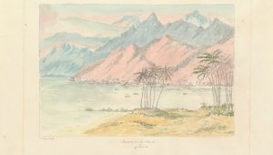 A colourful watercolour showing the coast and mountains of Tahiti. The whole scene is rendered in pastel pinks, greens and blues. In the foreground a grassy shoreline is dotted with palm trees. a bay or inlet seperates the island with the jagged mountains int he background. water craft are dispersed around the water.