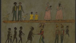A series of simple drawings depicting people. The people are Indigenous Australians, European civilians and European men in military uniform. The images depict a series of events and outcomes of those events. The bottom two series shows an Indigenous man spearing a European man. In the next scene, the Indigenous man is being hung from a tree by the officers. In the following series the roles are reversed. The European man is shooting the Indigenous man. in the next image, the European man is being hung.