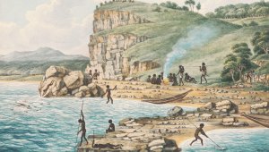 A watercolour image depicting a coastal landscape. A tall cliff rises from the sea int he background. Many First Nation's people are depicted going about activities such as fishing, preparing food and hunting.