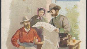 A postcard with a drawing of a man reading an Australian newspaper with a man and a woman sitting at a table behind him.