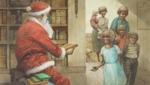 Santa Claus presenting gift to family entering the room
