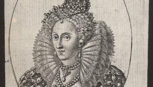 A print of a woman within an oval frame. She is wearing an elaborate ruffled collar and dress. She is wearing a crown. Below her portrait are words in Latin: "Elizabetha D.G. Regina Ang: Fran: et Hib.