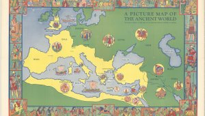 A colourful drawn map of the "ancient world". The territory of the Roman Empire is shaded in yellow. Inset around the map and border are depictions of people and cultures around the map.