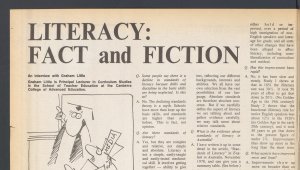 A page of a newspaper with the headline "LITERACY: FACT and FICTION". The page also includes cartoons and black and white photos