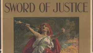book cover illustrated woman rising from the sea holding aloft the sword of justice