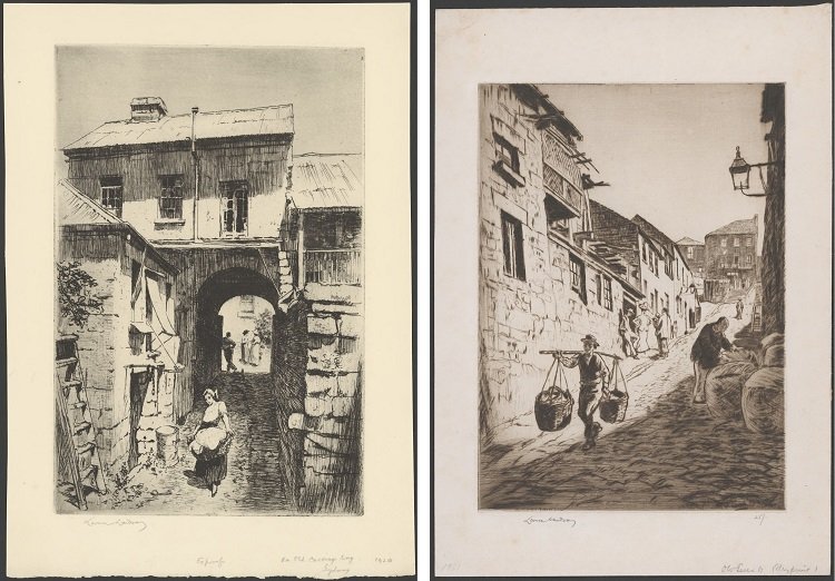 Pencil drawings of old Sydney streets in The Rocks area from the 1920s and 1930s