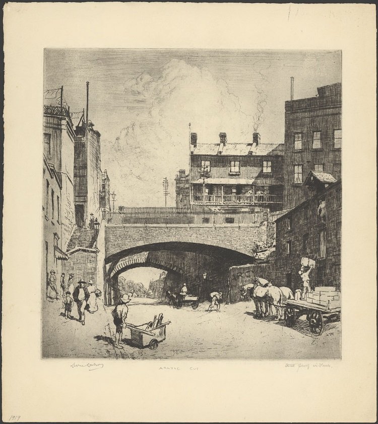 Pencil drawing of the Argyle Cut roadway, showing workers moving carts of goods in the cut and bridges overhead connecting the roadways above the cut