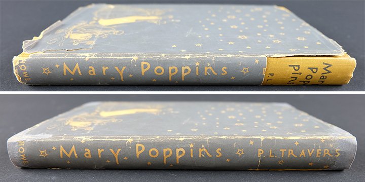 Before and after treatment of the dust jacket for Mary Poppins on the bound volume