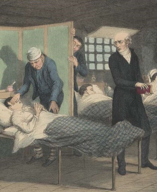 Painting depicts a sick man laid on a cot, with doctors observing him from the bedside