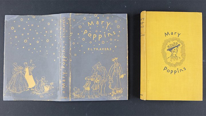 Dust jacket and binding of Mary Poppins after receiving conservation treatment at the National Library of Australia