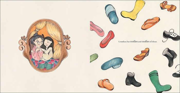 On the left-hand side of the spread is an illustration of a young Vietnamese girl and her grandmother. On the right-hand side is an illustration of many shoes floating on the page 