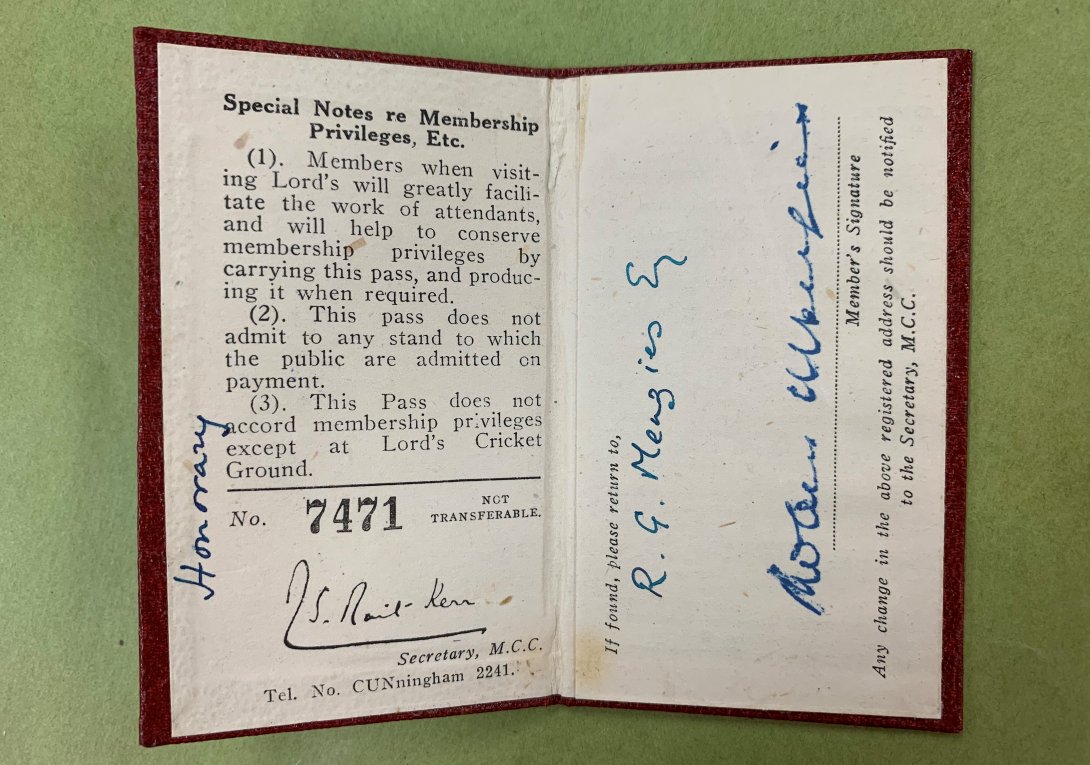 Membership card for the Melbourne Cricket Club held by Sir Robert Menzies