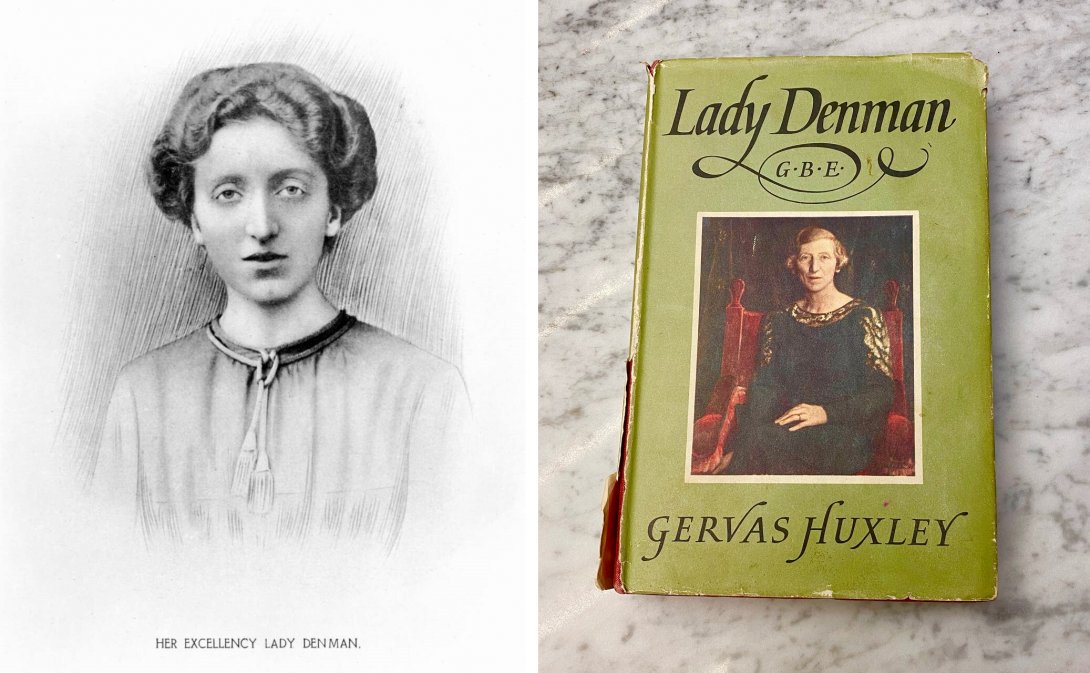 Image shows on the left a pencil portrait of Lady Denman from the bust upwards. She is a woman with either short or tied up hair, wearing a high necked blouse. On the right is a contemporary photograph of Lady Denman's biography.