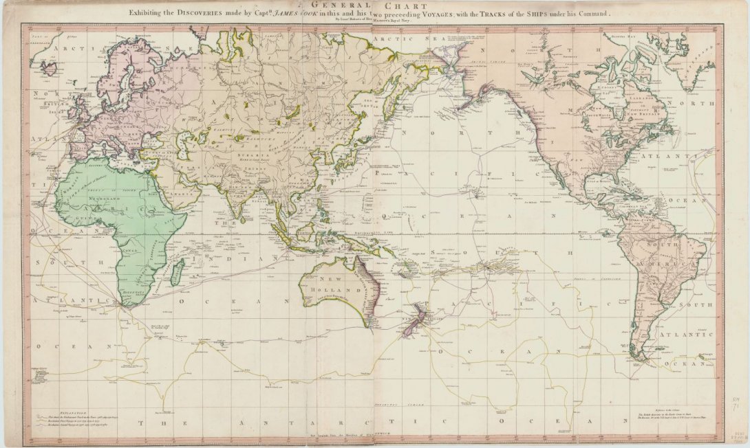 old map showing the world as it was known at the time of James Cook, with Australia in roughly the centre of the map. Asia, Europe and Africa above and to the left of Australia and the Americas to the right.