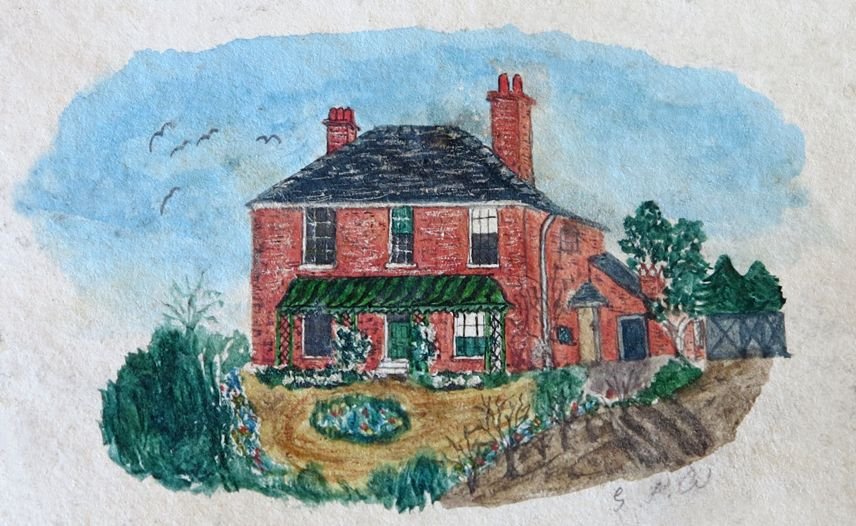 Coloured painting of a red brick house surrounded by green foliage