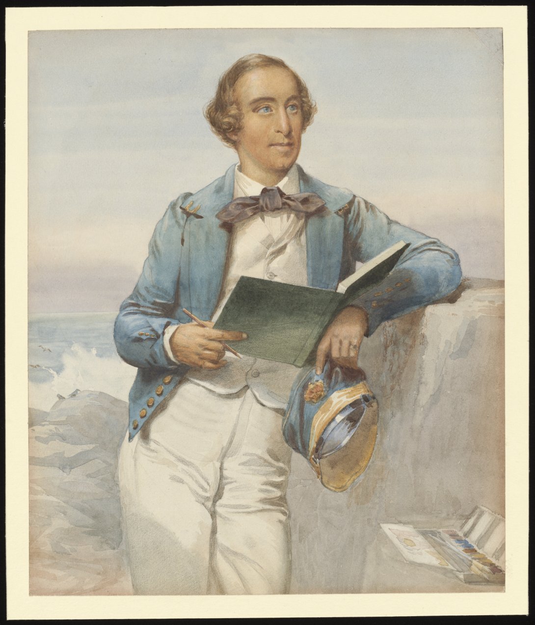 Painting of George French Angas, posed in a blue jacket and white pants, in front of a seaside backdrop.