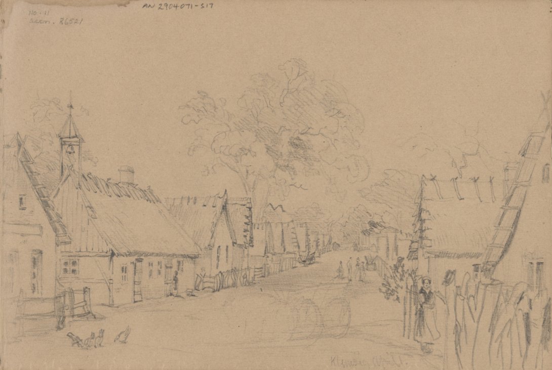Light pencil sketch of village buildings