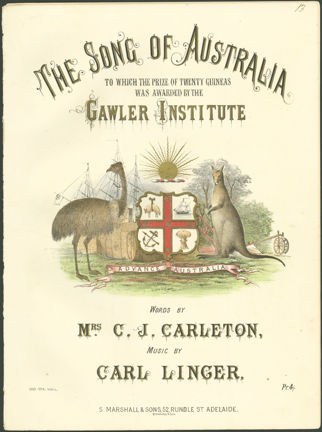 Cover of sheet music. Features an arced title 'The Song of Australia' at the top, with a picture in the middle of a shield with a rising sun above it, an emu at left and a kangaroo at right.