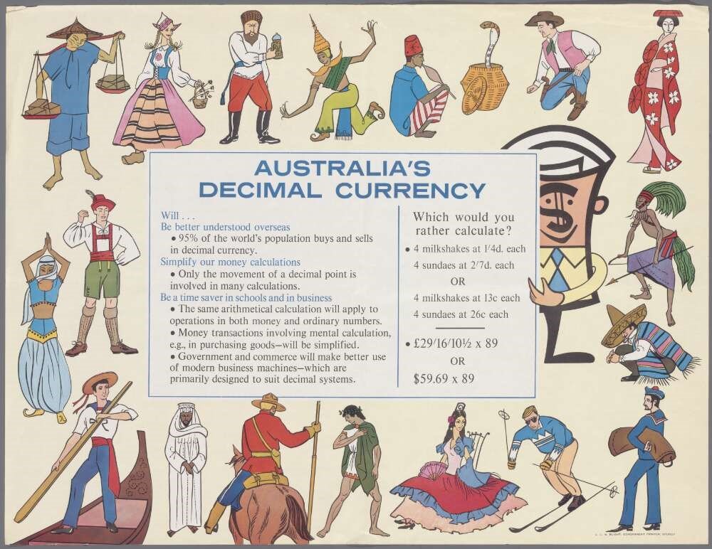 Poster featuring colourful illustrations of people and instructions on how to calculate decimal currency