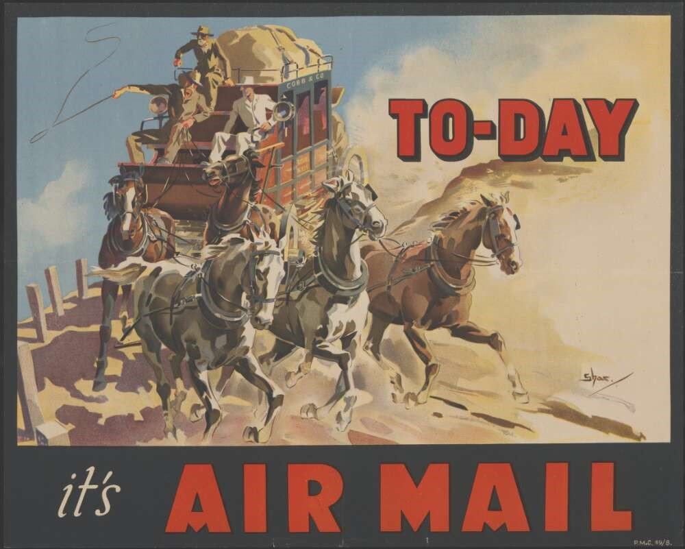Poster featuring a horse-drawn carriage piled high with mail