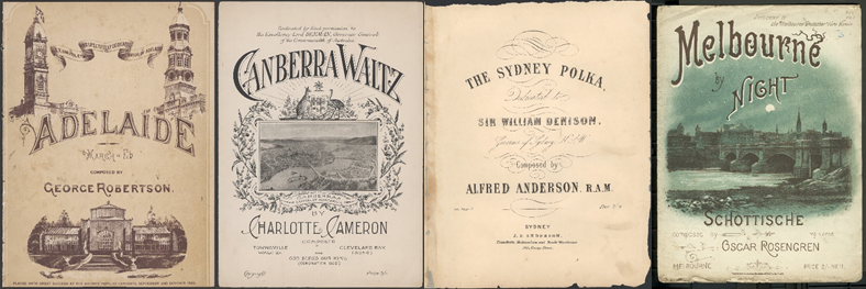 Images of sheet music covers from different Australian cities