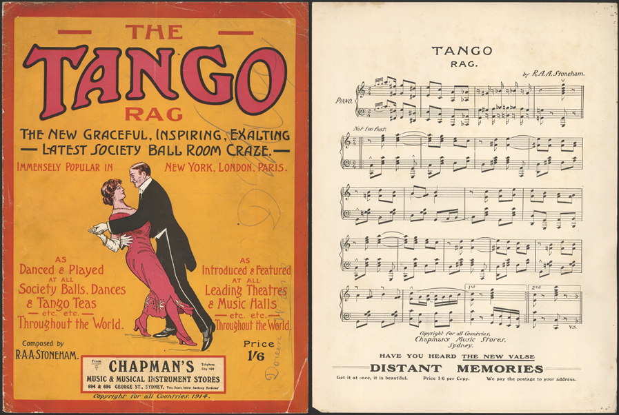 Tango sheet music with a bright orange and red cover