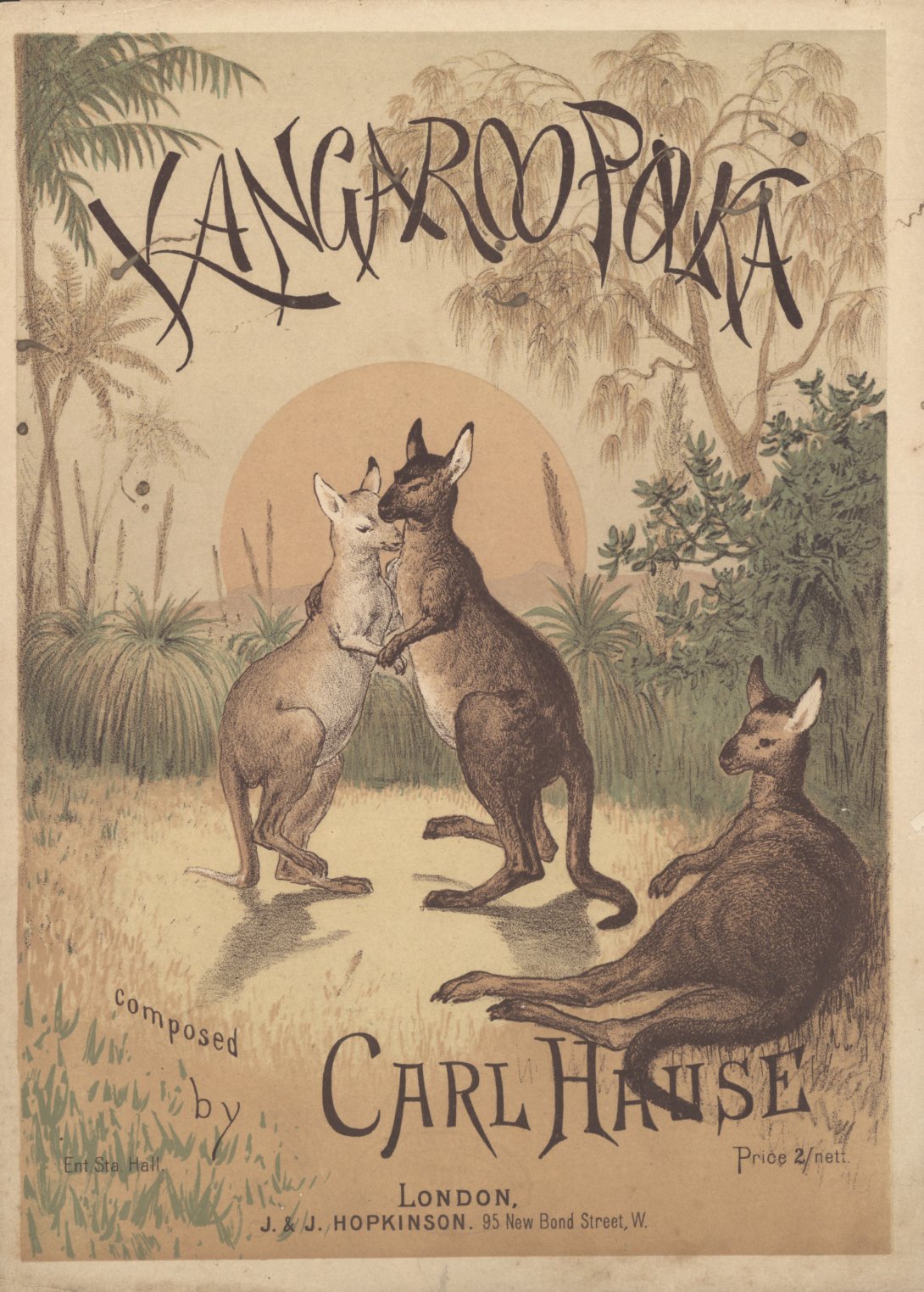 Sheet music illustration featuring three kangaroos