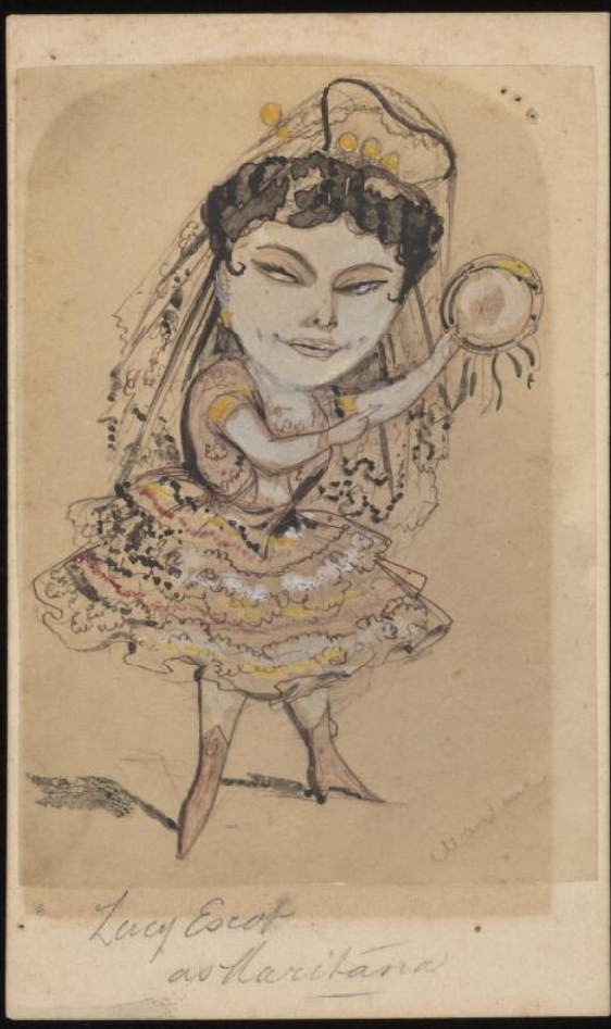 A caricature drawing of a dark-haired woman in a flouncy dress