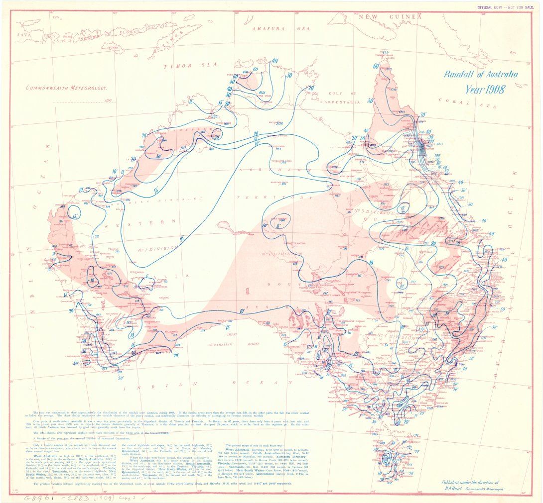 A map of Australia showing the rainfall distribution across the country in 1908