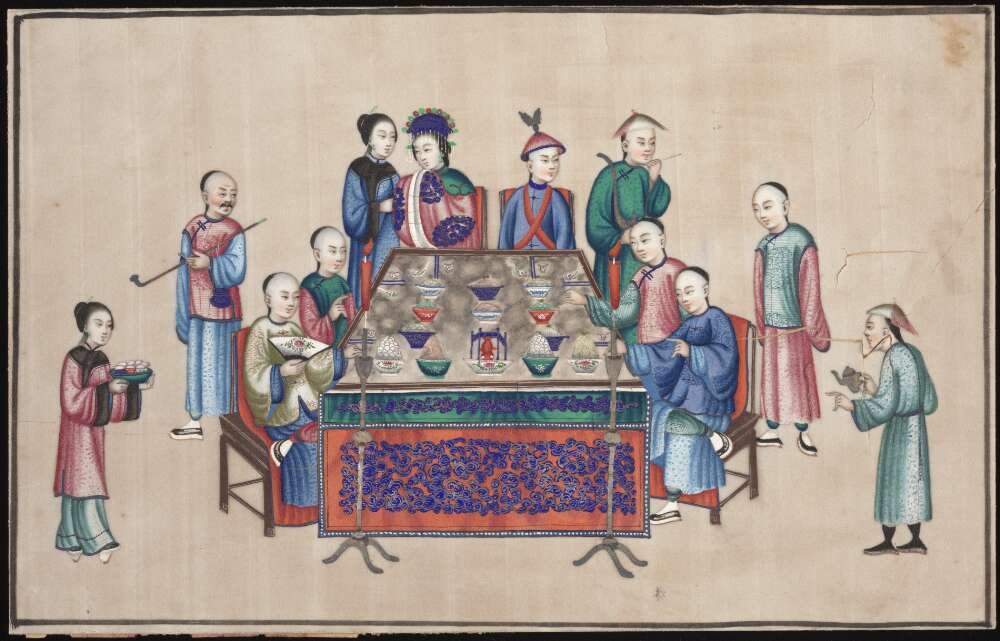 Watercolor in pith:  A Chinese wedding banquet